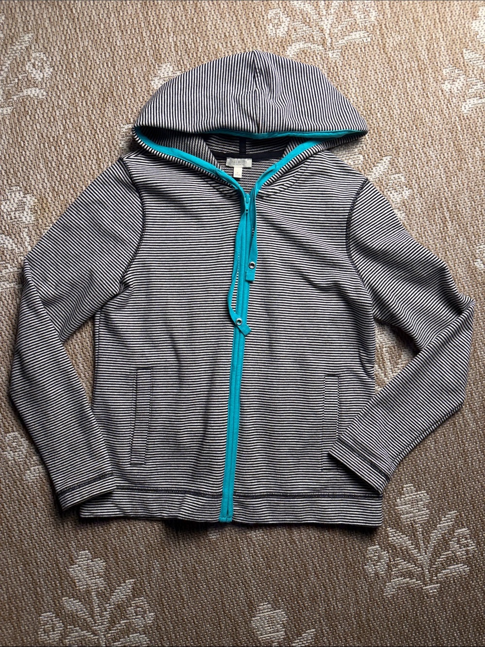 Talbots Black & White Striped Hooded Zip-Jacket with Teal Trim
